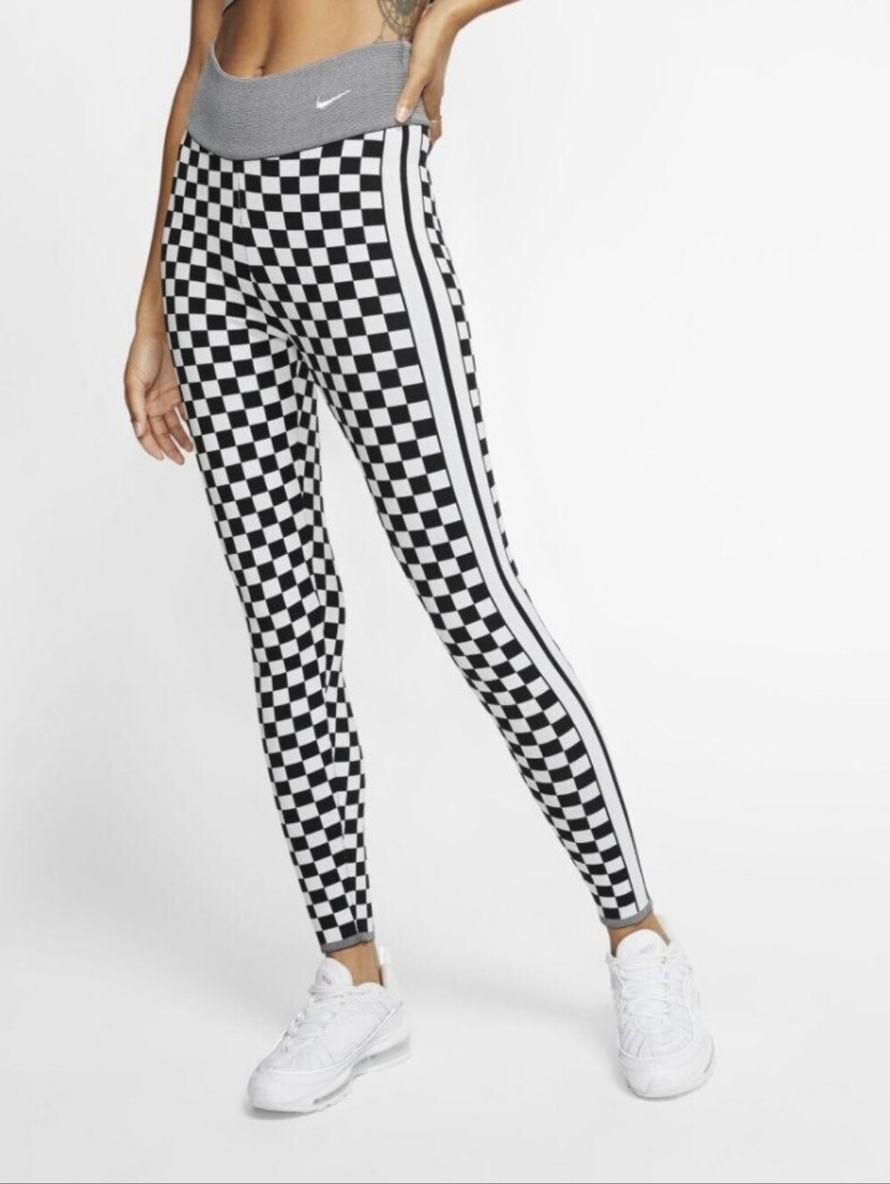 Nike Black & White Checkered Leggings with Side Stripe